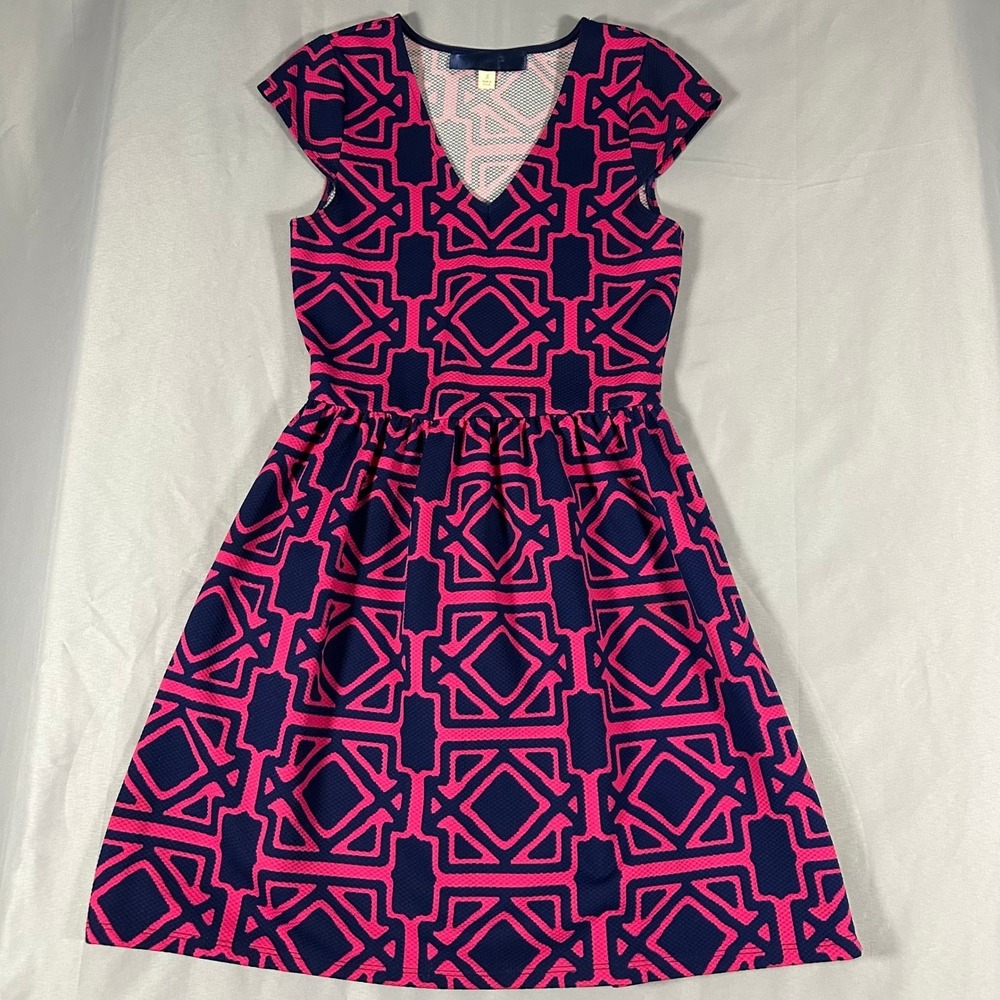 Blue Rain Geometric Fit and Flare Dress Small Pink Navy Womens Purple